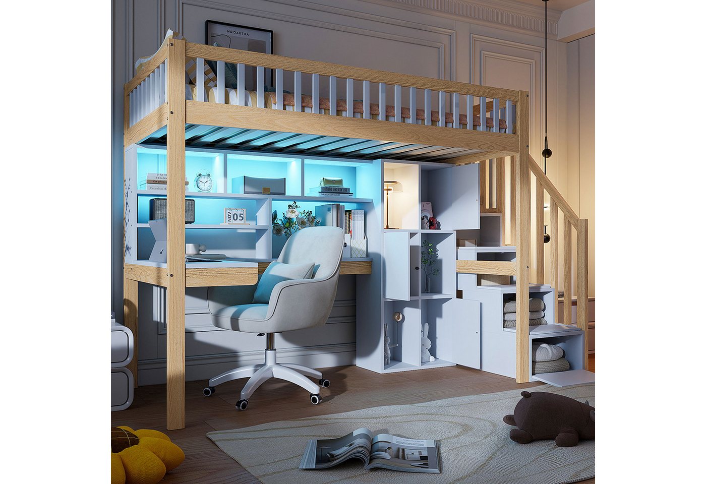 TavilaEcon Hochbett Kinderbett Jugendbett mit Ambientelicht, Ablageleiter, Regalen (Ohne Matratze) Schreibtisch & Fächer, 90x200 cm von TavilaEcon