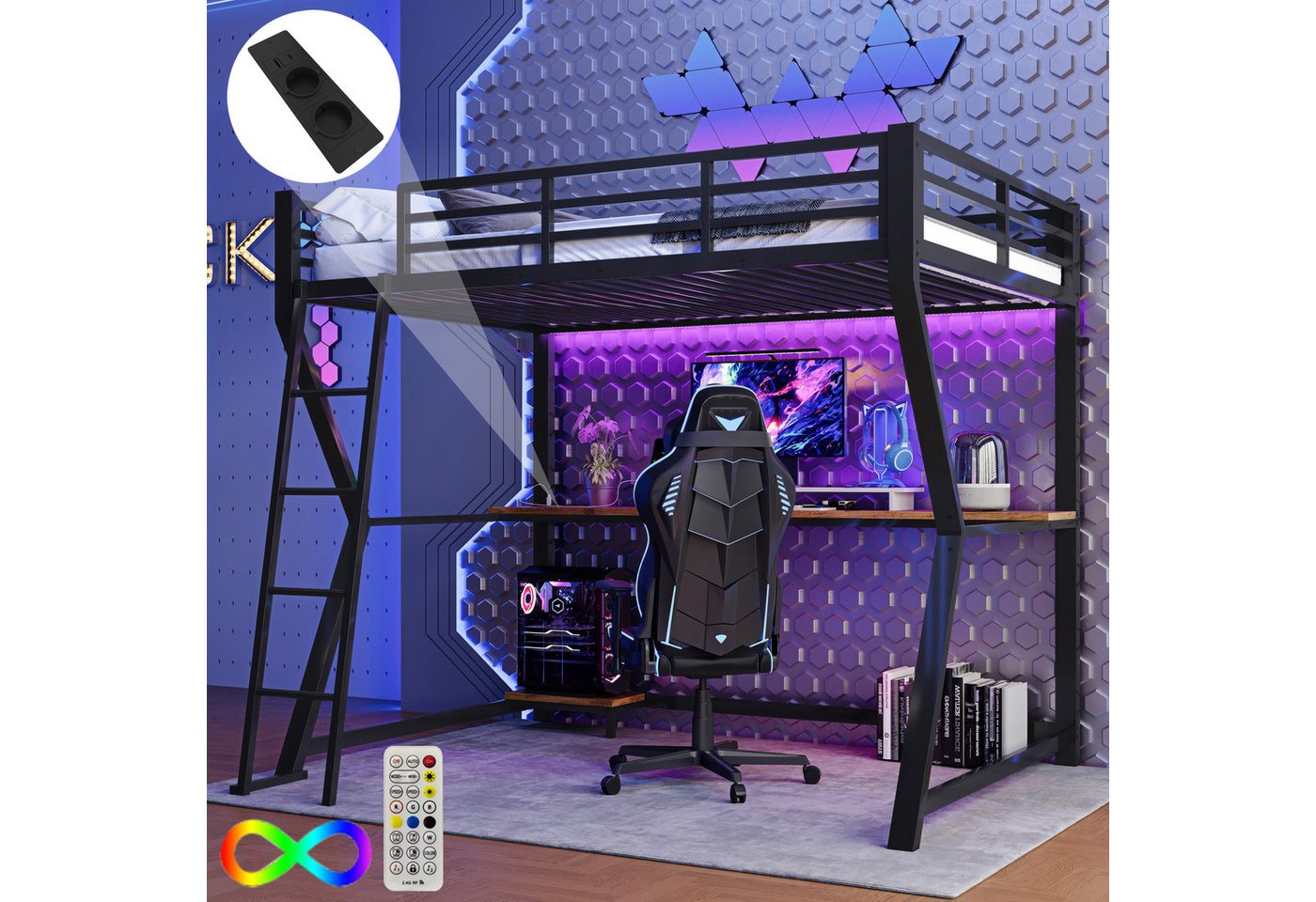 TavilaEcon Hochbett Kinderbett Jugendbett mit Ambientelicht, Computerkonsolenablage (Ohne Matratze) & Schreibtisch, USB-Steckdose, Treppe, 90x200cm von TavilaEcon