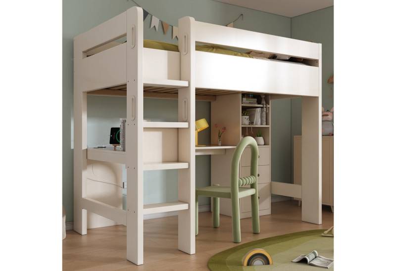 TavilaEcon Hochbett Kinderbett mit L-förmigem Schreibtisch, Regalen und Schubladen mit USB/Type-C Ladebereich, Leiter und Holzlattenrost, 90×200cm von TavilaEcon