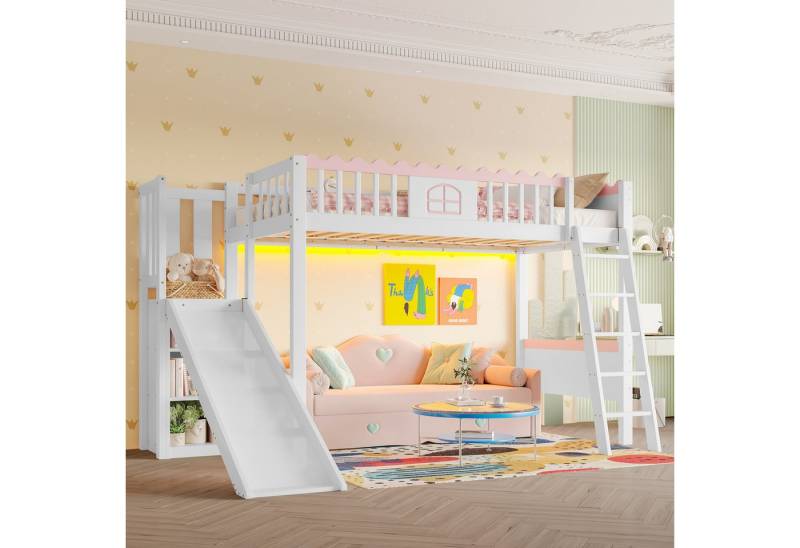 TavilaEcon Hochbett Kinderbett mit LED-Leuchten und EN747 zertifizierung, ohne Matratze mit Regalen und Rutsche, 90×200cm, rosa+weiß von TavilaEcon