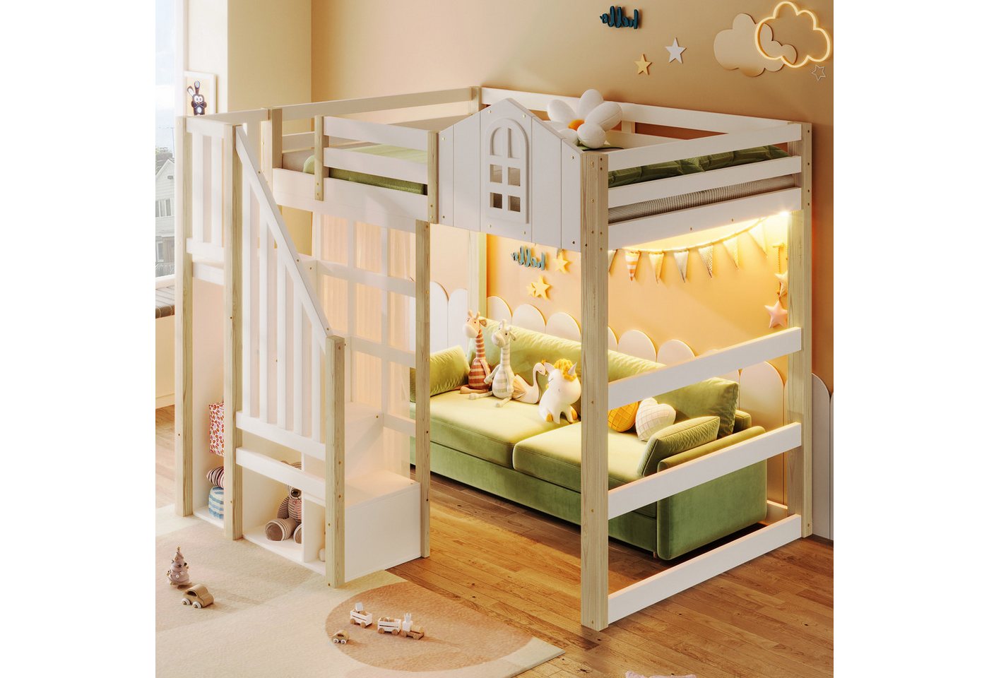 TavilaEcon Hochbett Kinderbett mit romantischer Beleuchtung, im platzsparenden Design (1-St) mit Fensterform und Ablageleiter, 90×200cm, weiß+natur von TavilaEcon