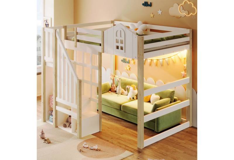 TavilaEcon Hochbett Kinderbett mit romantischer Beleuchtung, im platzsparenden Design (1-St) mit Fensterform und Ablageleiter, 90×200cm, weiß+natur von TavilaEcon