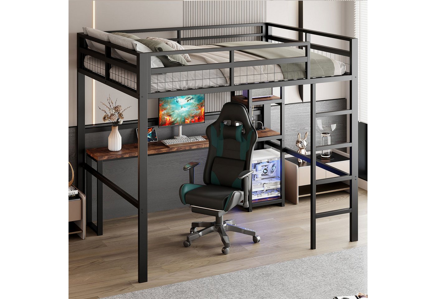 TavilaEcon Hochbett Multifunktionales Kinder-Hochbett mit Schreibtisch & Steckdosen Robustes Eisenrahmen-Design, Integrierte USB/Type-C-Ladestation von TavilaEcon