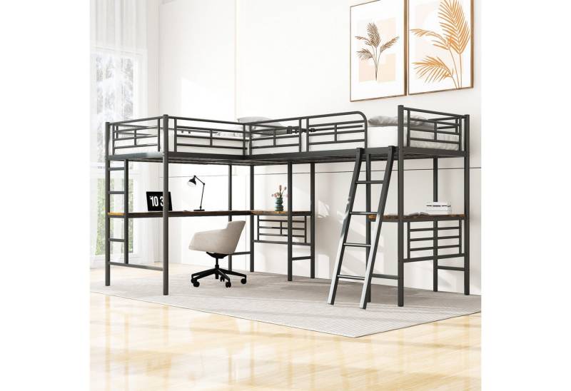 TavilaEcon Hochbett Zwei Etagenbetten mit Bett-unter-Tisch-Design (ohne Matratze) mit Doppeltreppe und hohem Geländer, 90×200cm, schwarz von TavilaEcon