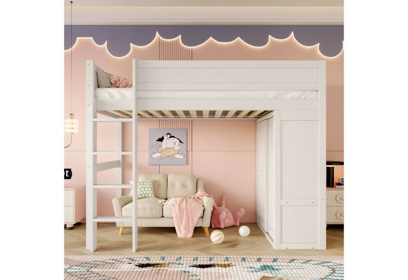 TavilaEcon Hochbett aus massivem Kiefernholz und MDF, mit Kleiderschrank 90×200cm, weiß von TavilaEcon