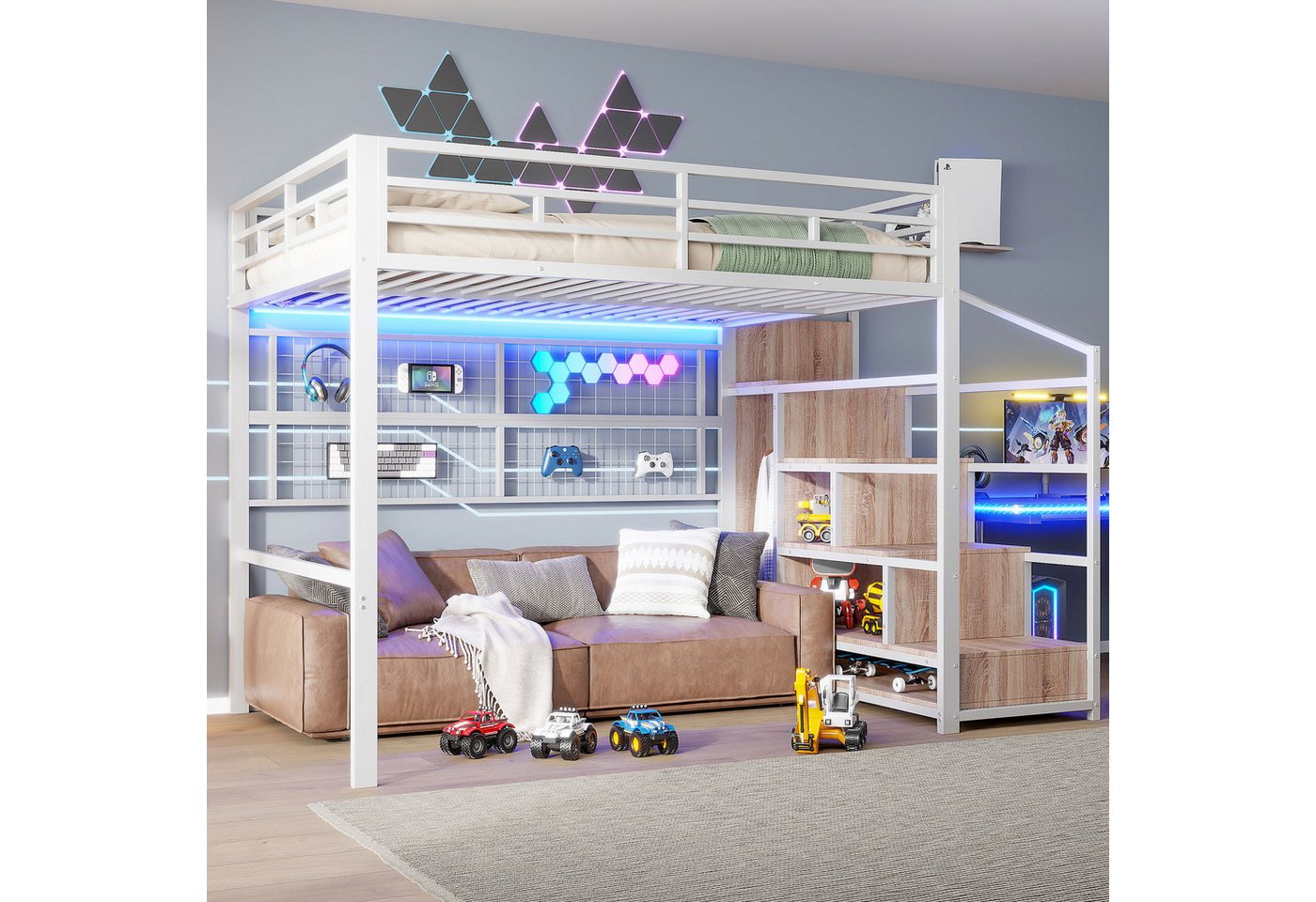 TavilaEcon Hochbett mit Eisenrahmen, Kleiderschrank, Gitter zum Aufhängen von Gegenständen freier Gestaltungsraum unter dem Bett, 7-Farben-LED-Streifen TavilaEcon Hochbett mit Eisenrahmen, Kleiderschrank, Gitter zum Aufhängen von Gegenständen freier Gestaltungsraum unter dem Bett, 7-Farben-LED-Streifen von TavilaEcon