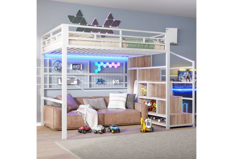 TavilaEcon Hochbett mit Eisenrahmen, Kleiderschrank, Gitter zum Aufhängen von Gegenständen freier Gestaltungsraum unter dem Bett, 7-Farben-LED-Streifen von TavilaEcon