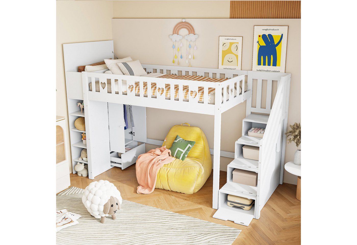 TavilaEcon Hochbett mit Stauraumleiter, Regalen & klappbarem Stauschrank, 90x200cm (Ohne Matratze) von TavilaEcon