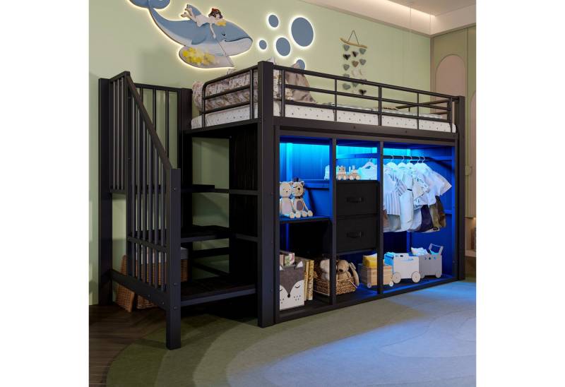 TavilaEcon Hochbett mit zwei integrierten Schubladen und intelligenter LED-Beleuchtung (1-St) mit offenem Kleiderschrank und mehreren Staufächern, 90×200cm von TavilaEcon