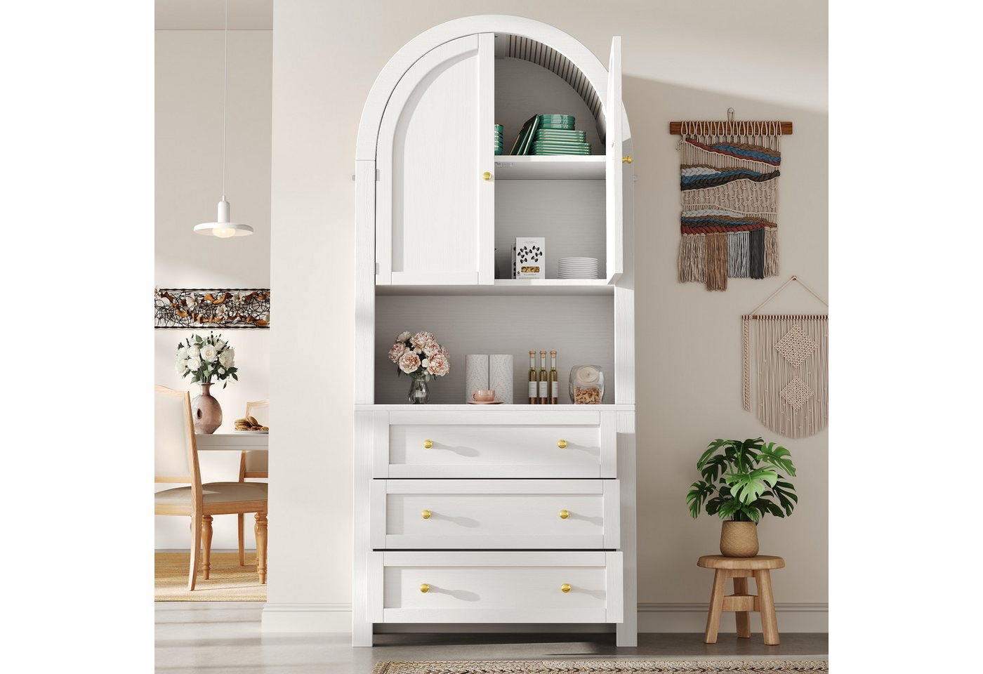 TavilaEcon Hochschrank Hoher Bogen-Aufbewahrungsschrank mit Schubladen und Türen mit offenem Ausstellungsbereich, 70 x 35 x 180 cm (L x B x H) von TavilaEcon