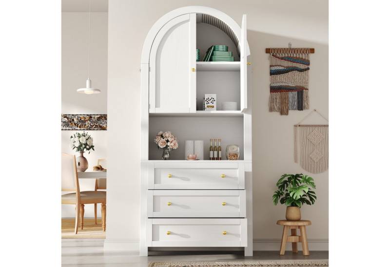 TavilaEcon Hochschrank Hoher Bogen-Aufbewahrungsschrank mit Schubladen und Türen mit offenem Ausstellungsbereich, 70 x 35 x 180 cm (L x B x H) von TavilaEcon