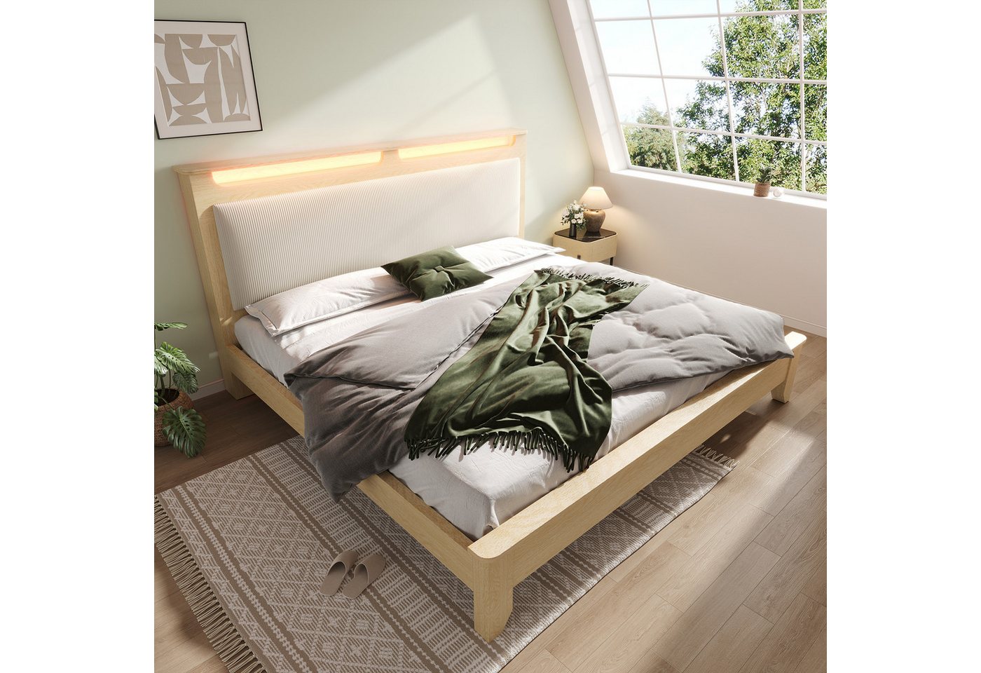 TavilaEcon Holzbett Doppelbett mit LED-Beleuchtung & beigefarbener Cordpolster-Rückenlehne (1-tlg), Bettrahmen mit Holzlatten, ohne Matratze und Bettbank von TavilaEcon