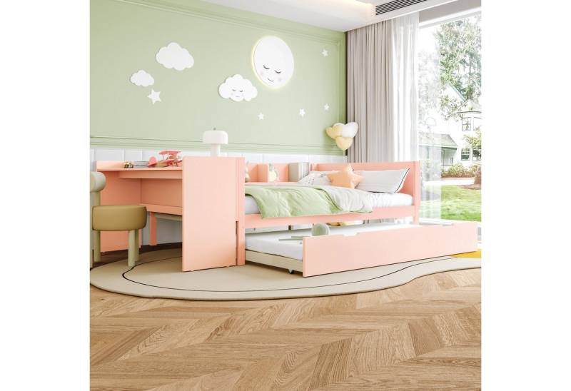 TavilaEcon Holzbett Flachbett mit Schreibtisch und Regalen, ohne Matratze (aus Kiefernholz und Spanplatten), mit Rollbett, 140×200cm, rosa von TavilaEcon