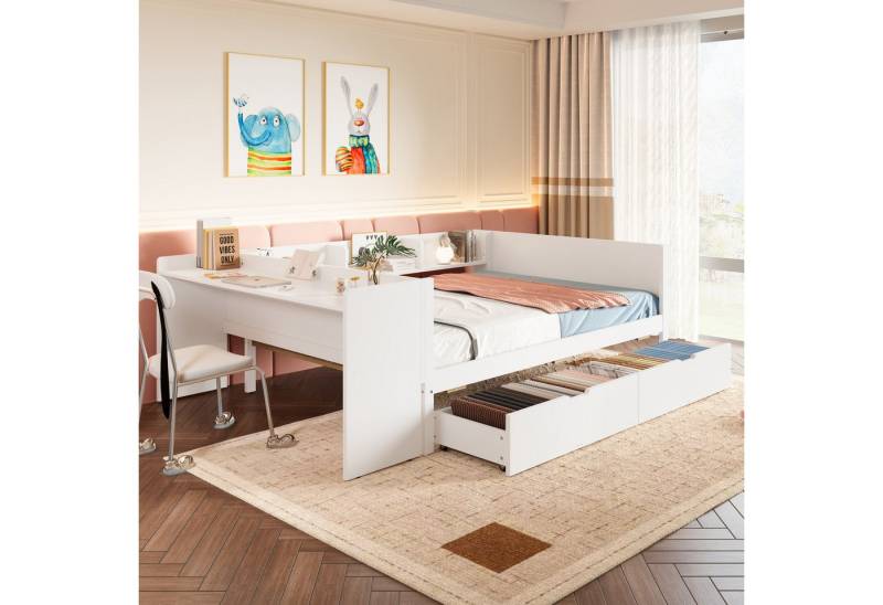 TavilaEcon Holzbett Flachbett mit Schreibtisch und Regalen, ohne Matratze (aus hochwertiges Holz und solide Hardware), mit 2 Schubladen, 140×200cm, weiß von TavilaEcon