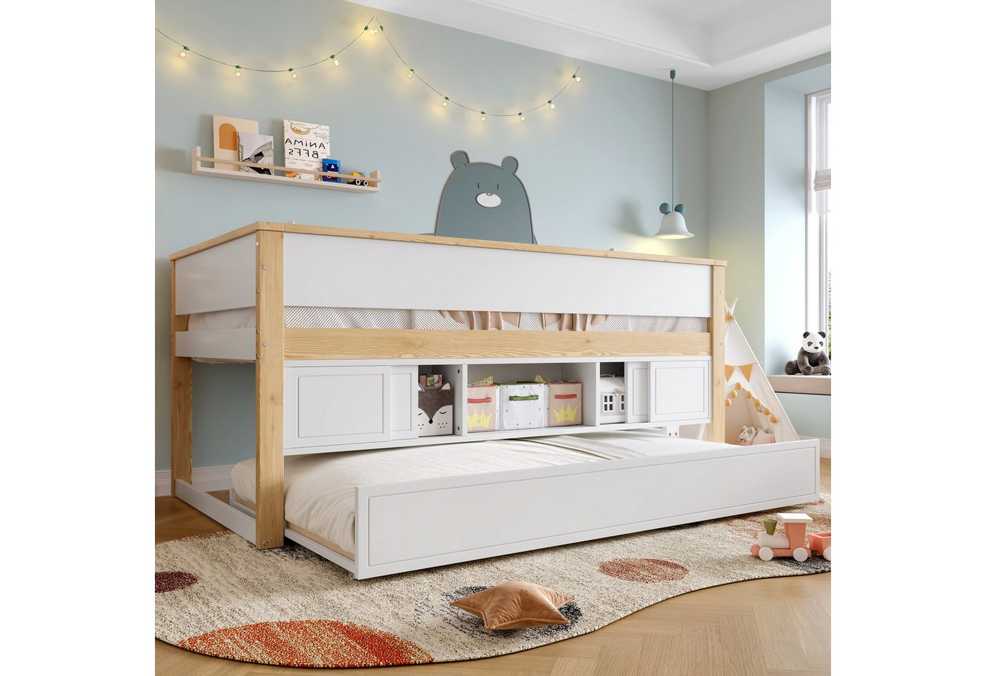 TavilaEcon Kinderbett Halbhohes Bett mit ausziehbarem Bett,Kinderbett, ohne Matratze (1-tlg), mit mehreren Ablagefächer, 90×200cm, Weiß + Natur von TavilaEcon