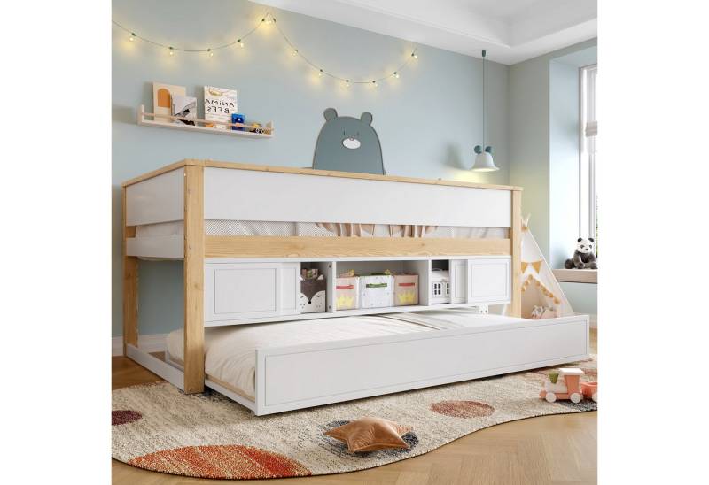 TavilaEcon Kinderbett Halbhohes Bett mit ausziehbarem Bett,Kinderbett, ohne Matratze (1-tlg), mit mehreren Ablagefächer, 90×200cm, Weiß + Natur von TavilaEcon