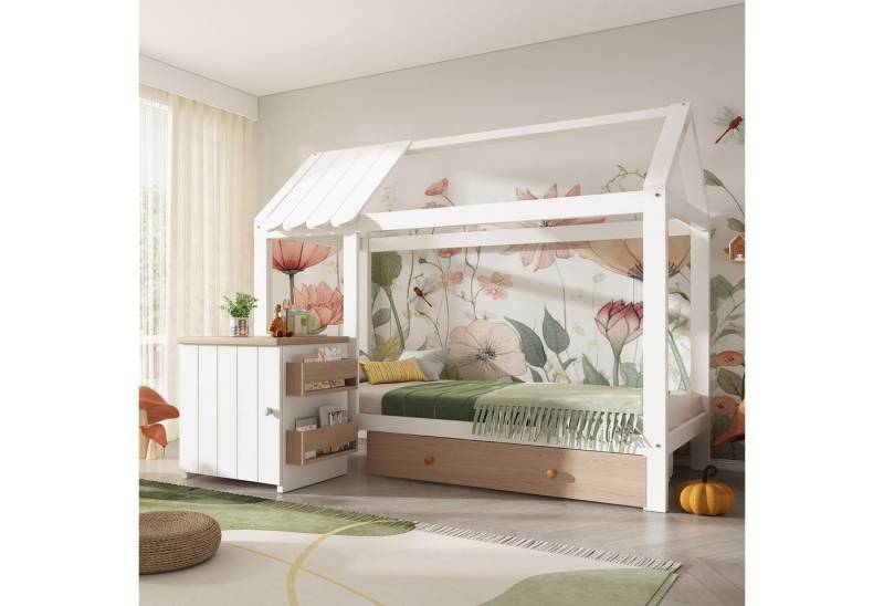 TavilaEcon Kinderbett Hausbett im Blockhaus-Design mit Nachttisch und großer Schublade, abgerundete Sicherheitsecken, ideal für 3-12 Jahre von TavilaEcon
