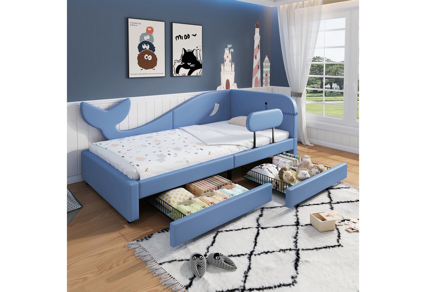 TavilaEcon Kinderbett Polsterbett mit walförmigem Design und 2 Schubladen auf Rollen, einfach zu installieren, mit frischer Farbabstimmung, 90×200cm, blau TavilaEcon Kinderbett Polsterbett mit walförmigem Design und 2 Schubladen auf Rollen, einfach zu installieren, mit frischer Farbabstimmung, 90×200cm, blau von TavilaEcon