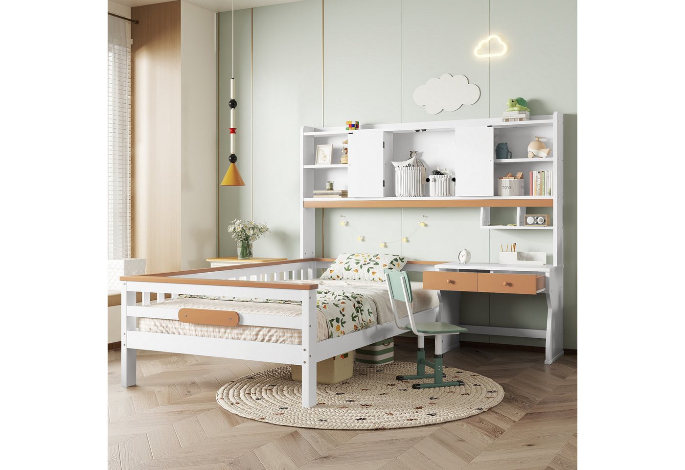 TavilaEcon Kinderbett mit Stauraumschrank, Tisch und Schubladen, L-Struktur, mit Schutzplatte und Lattenroste, 90x200cm, Weiß+Natur TavilaEcon Kinderbett mit Stauraumschrank, Tisch und Schubladen, L-Struktur, mit Schutzplatte und Lattenroste, 90x200cm, Weiß+Natur von TavilaEcon