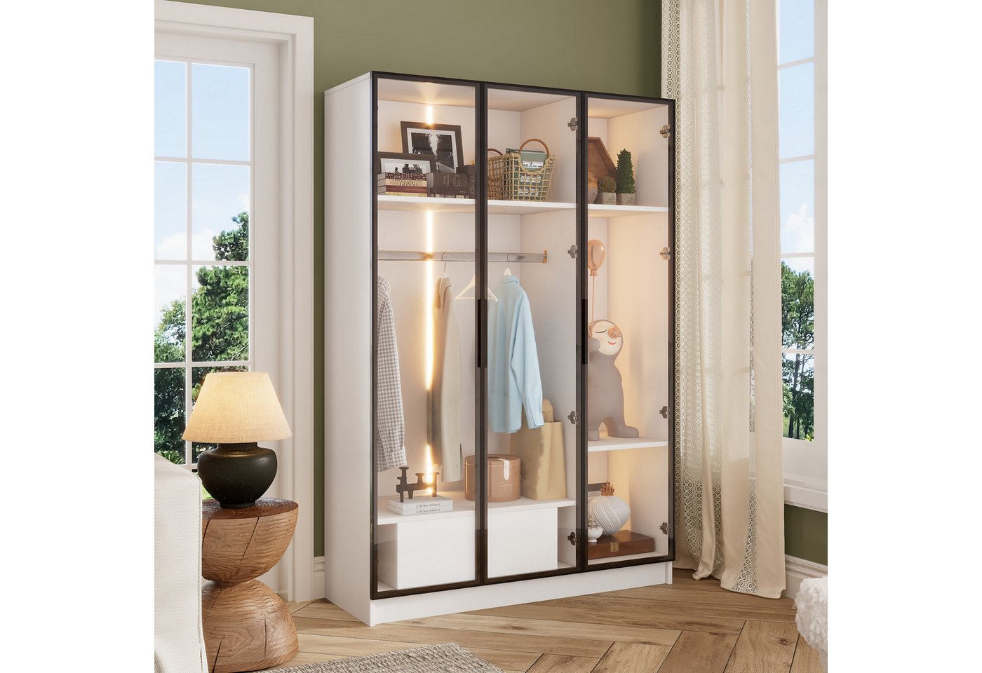 TavilaEcon Kleiderschrank 3 Glastüren und 1 Kleiderstange, LED-Licht, Hydraulisches Scharnier 1 Schublade und 2 Fächer, Glatte Gleitschiene, 110*50*160 cm,weiß TavilaEcon Kleiderschrank 3 Glastüren und 1 Kleiderstange, LED-Licht, Hydraulisches Scharnier 1 Schublade und 2 Fächer, Glatte Gleitschiene, 110*50*160 cm,weiß von TavilaEcon
