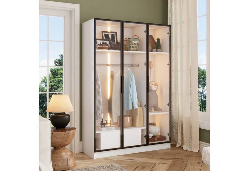 TavilaEcon Kleiderschrank 3 Glastüren und 1 Kleiderstange, LED-Licht, Hydraulisches Scharnier 1 Schublade und 2 Fächer, Glatte Gleitschiene, 110*50*160 cm,weiß von TavilaEcon