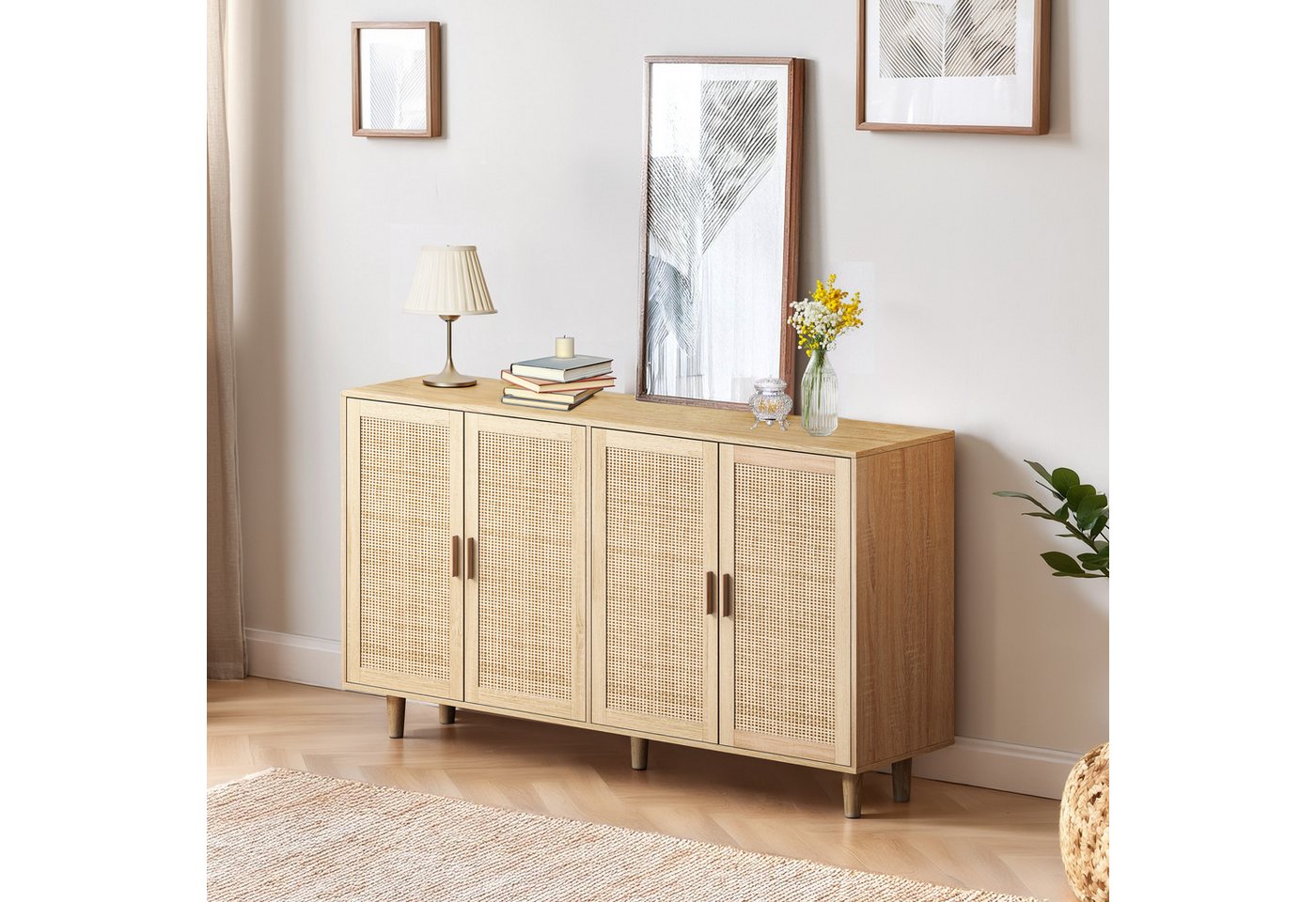 TavilaEcon Kommode Eleganter und funktioneller Rattan-Schrank für Schlafzimmer/Wohnzimmer (1 St), mit 4 dekorativen Rattantüren, 158×40×71cm von TavilaEcon