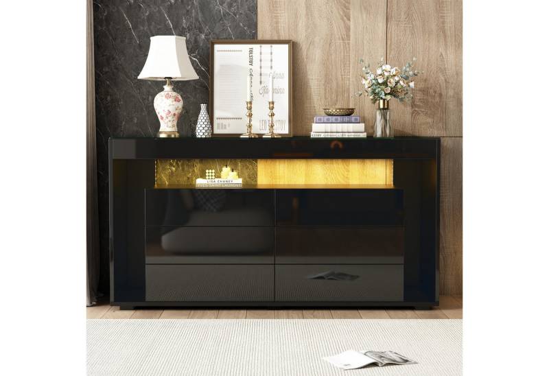 TavilaEcon Kommode LED-Hochglanz-Sideboard mit 6 großen Schubladen (1 St), mit Platte aus gehärtetem Glas und großem Stauraum von TavilaEcon