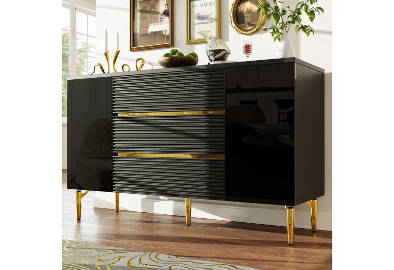 TavilaEcon Kommode Schwarzer Esszimmerschrank mit kariertem Schubladentürdesign (1 St), mit glänzender Goldverzierung und dreischichtiger Schublade von TavilaEcon
