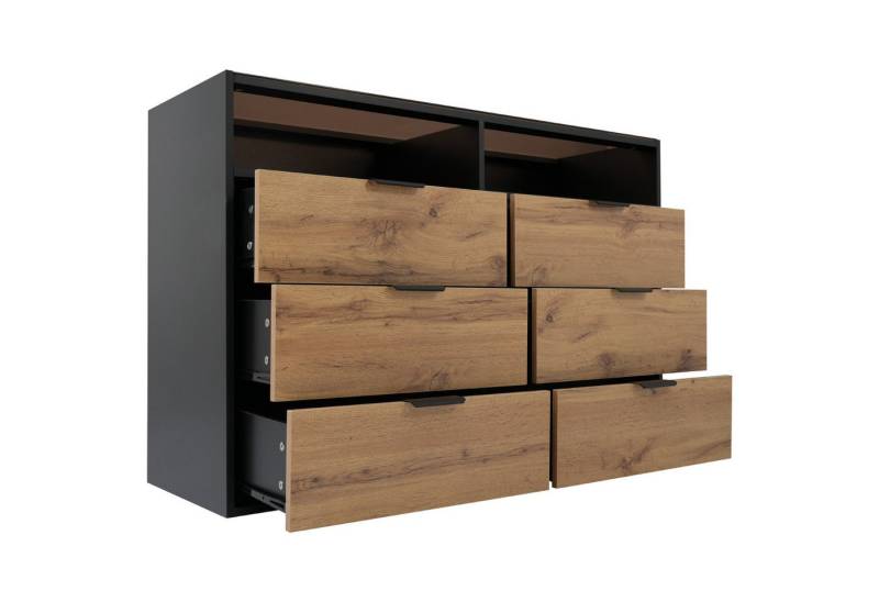 TavilaEcon Kommode mit Metallgriffen, 6 Schubladen und 2 Fächern, Glas+Spanplatte, 120 x 40 x 80 cm, braun von TavilaEcon