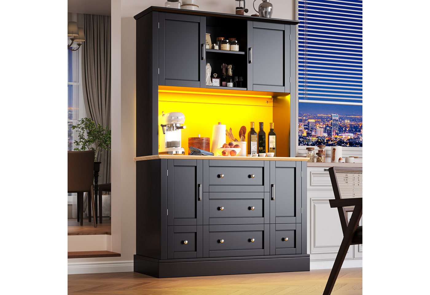 TavilaEcon Küchenbuffet Hochwertiger Hochschrank mit LED-Beleuchtung und App-Steuerung (1-St) mit 4 Türen, 5 Schubladen, Musik-Lichtfunktion & Kippschutz von TavilaEcon