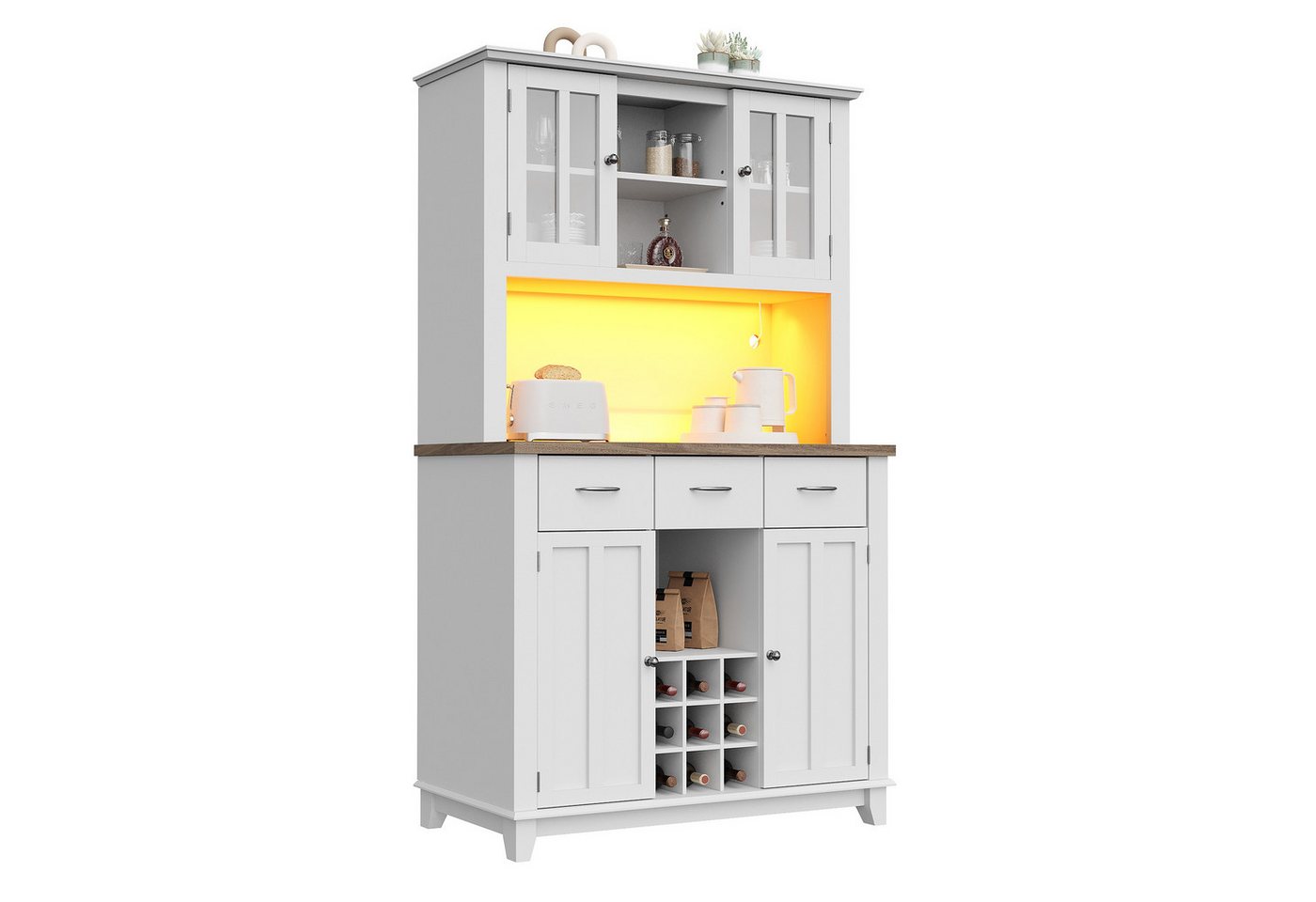 TavilaEcon Küchenbuffet Küchenhochschrank mit LED-Beleuchtung, Verstellbare Ablagen (1-St) MDF, Kippschutz, 106*40*179.5cm, mit 3 weißen Schubladen von TavilaEcon