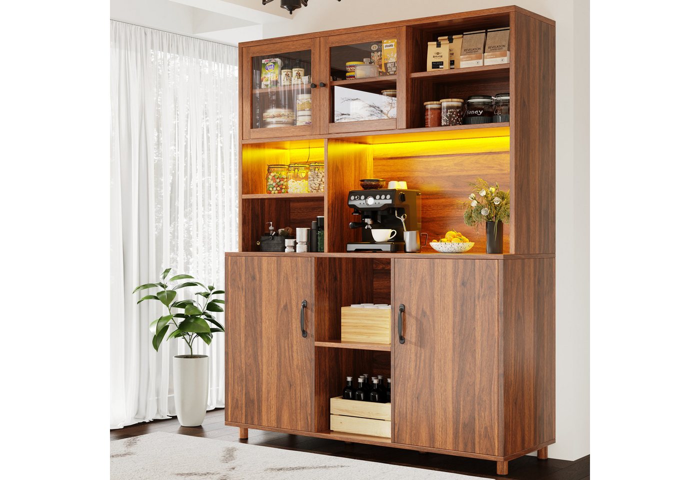 TavilaEcon Küchenbuffet Küchenschrank, Esszimmerschrank mit LED-Beleuchtung (1-St) mit Snackablage, 120×40×185cm, braun von TavilaEcon