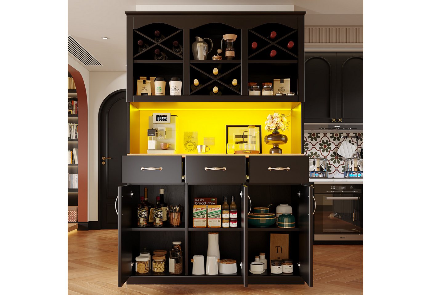 TavilaEcon Küchenbuffet Küchenschrank, hohes Küchenbuffet, Mehrzweckbuffet mit drei Türen (1-St) mit drei Schubladen und LED-Beleuchtung, Schwarz von TavilaEcon