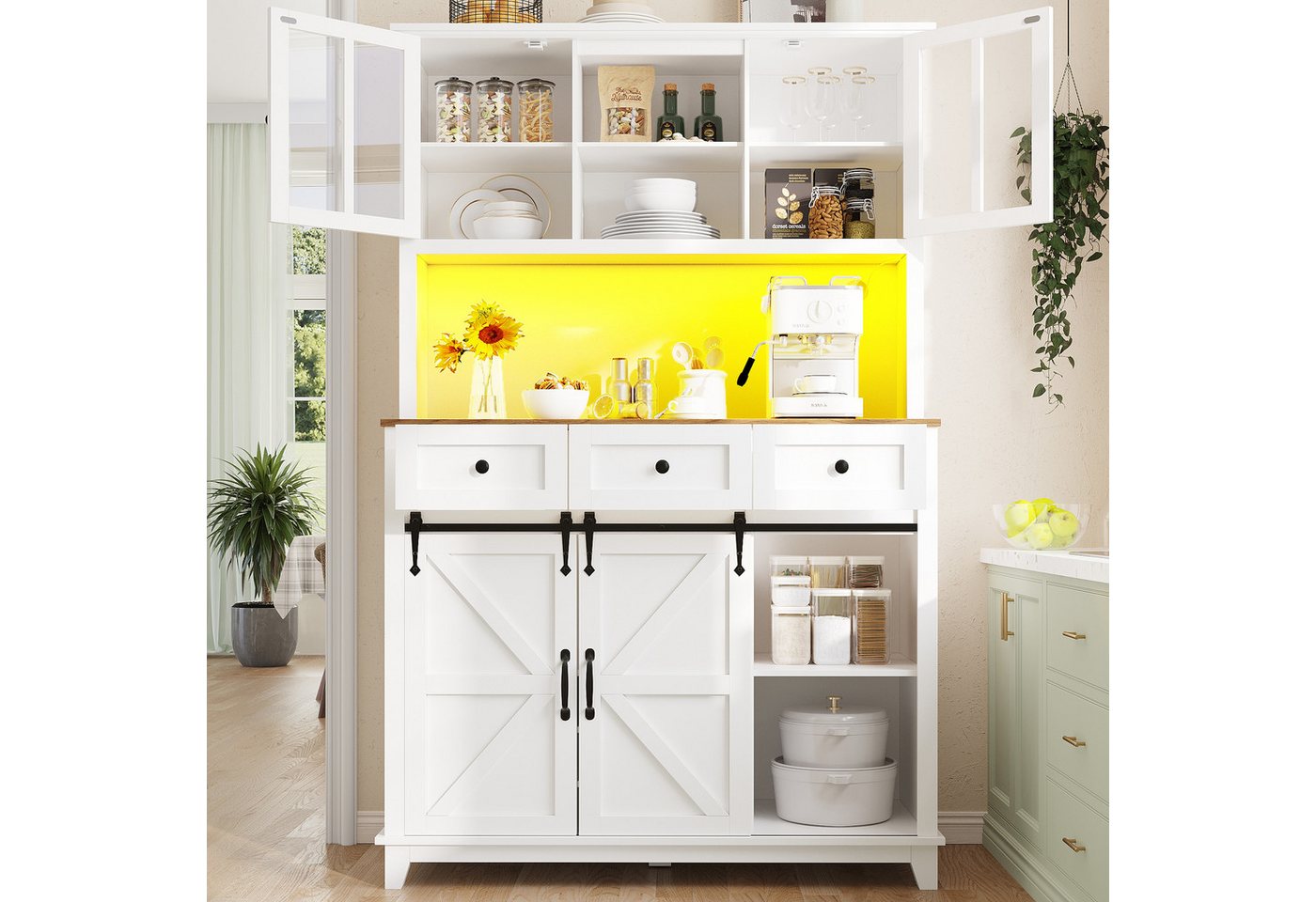 TavilaEcon Küchenbuffet Küchenschrank mit Verstellbaren Ablagen, Sideboard mit LED-Beleuchtung Vitrinenschrank, Variable Lichtfarben, 105×38.4×180cm, schwarz von TavilaEcon