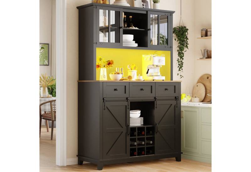 TavilaEcon Küchenbuffet Küchenschrank mit Verstellbaren Ablagen, Sideboard mit LED-Beleuchtung Vitrinenschrank, Variable Lichtfarben, 105×38.4×180cm, schwarz von TavilaEcon