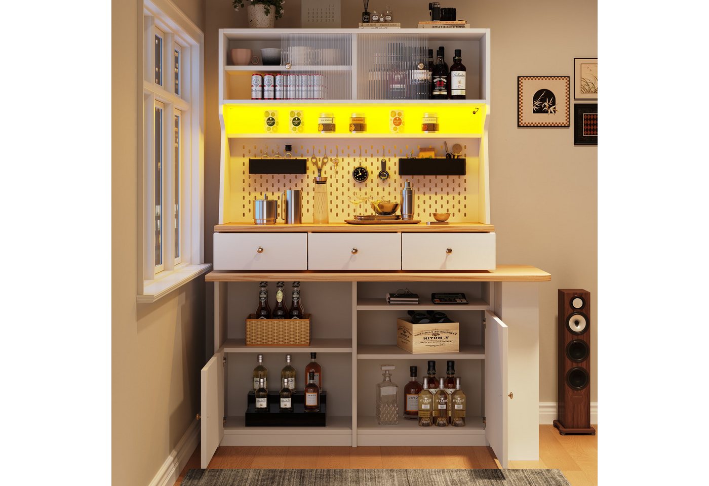 TavilaEcon Küchenbuffet Küchenschrank mit idealen Abmessungen und velseitigem Stauraum (1-St) mit ausziehbarer Tischplatte und Acryl-Schiebetür von TavilaEcon