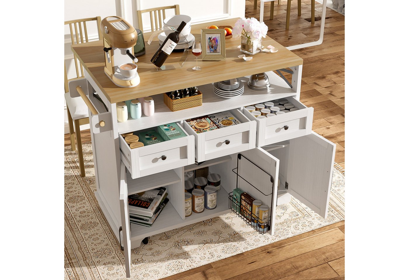 TavilaEcon Küchenbuffet Moderne Kücheninsel mit Holzmaserung, Multifunktionswagen mit Rollen Gesamtabmessungen:118 x 43-80 x 98 cm (L x B x H), Weiß von TavilaEcon