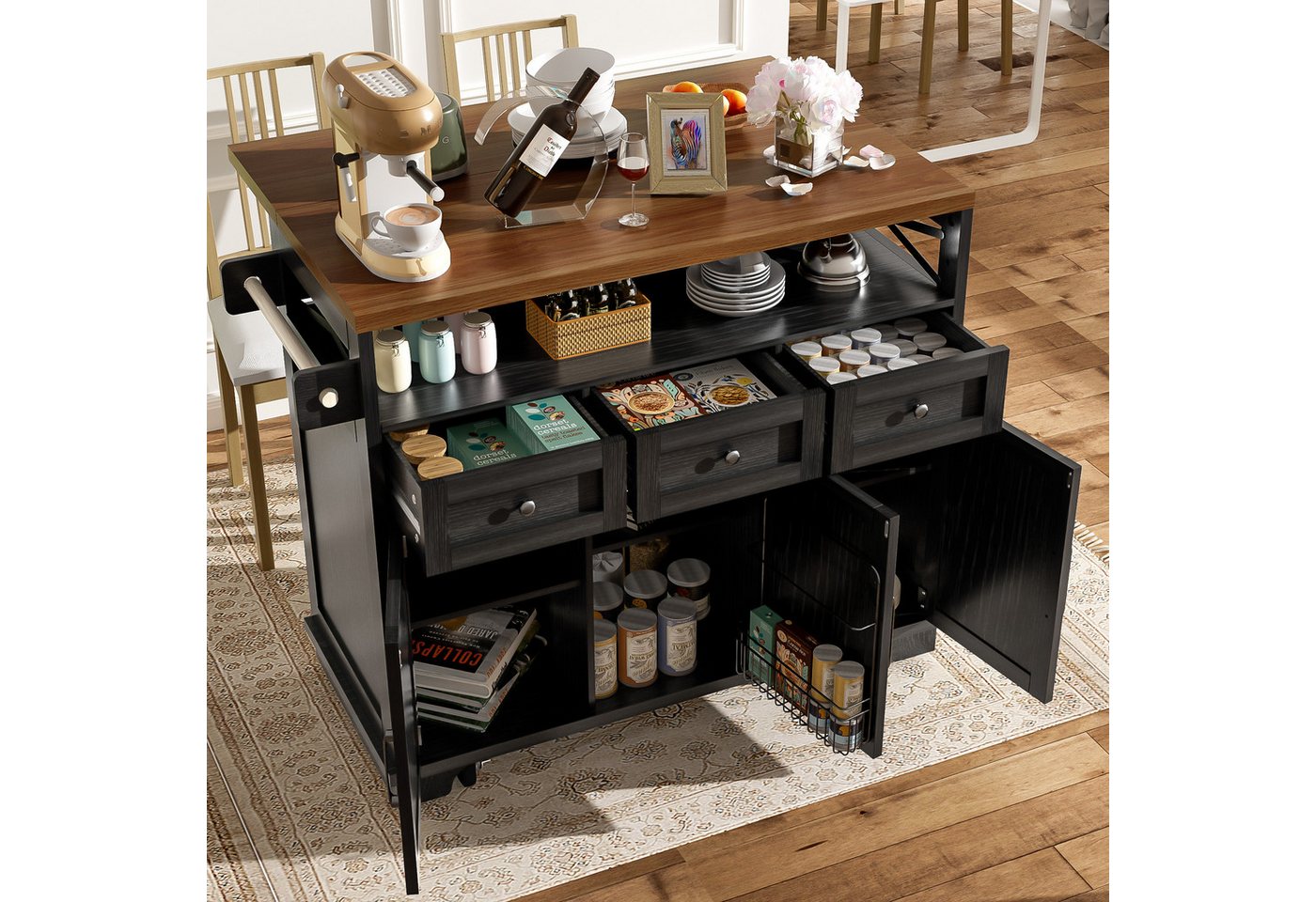 TavilaEcon Küchenbuffet Moderne Kücheninsel mit Holzmaserung, Multifunktionswagen mit Rollen Gesamtabmessungen:118 x 43-80 x 98 cm (L x B x H), schwarz von TavilaEcon