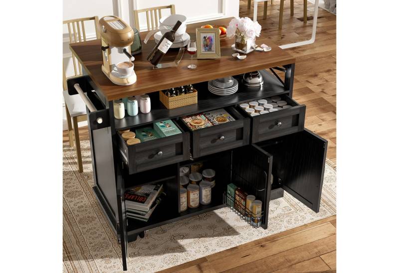 TavilaEcon Küchenbuffet Moderne Kücheninsel mit Holzmaserung, Multifunktionswagen mit Rollen Gesamtabmessungen:118 x 43-80 x 98 cm (L x B x H), schwarz von TavilaEcon