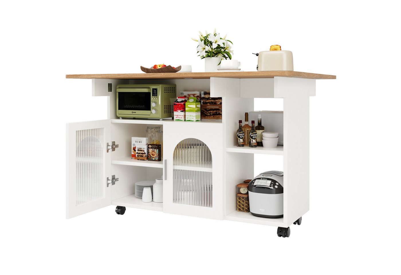 TavilaEcon Küchenbuffet Modernes Küchensiland, Küchenschrank, Abnehmbare Servierwagen mit Holzmaserung und Speicherraum, Metall+MDF+Glas von TavilaEcon