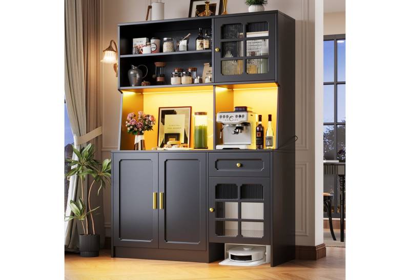 TavilaEcon Küchenbuffet retro Hochschrank mit Glastüren, App-gesteuerte LED-Beleuchtung 4 offene Abteile und 1 Schublade, 130 x 45 x 180 cm, Schwarz von TavilaEcon