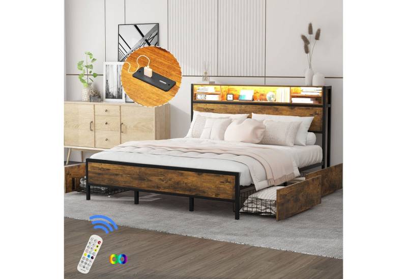 TavilaEcon Metallbett Flachbett Doppelbett Jugendbett Erwachsenebett mit 4 Schubladen, LED-Bett mit USB-Ladeanschluss,180x200cm von TavilaEcon