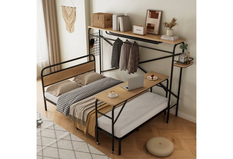 TavilaEcon Metallbett Flachbetten + Tisch + Vertikaler Garderobenständer, Tisch mit Rädern, Metall+MDF, Schwarz + Natur, 140x200cm von TavilaEcon