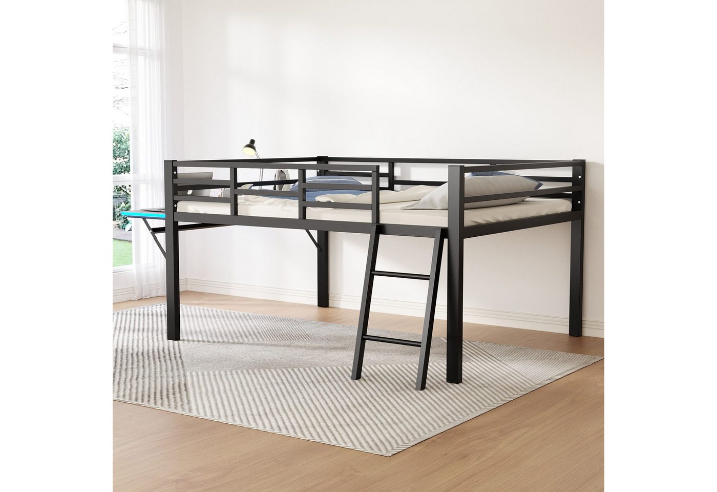 TavilaEcon Metallbett Space-saving Bett mit integriertem Schreibtisch und LED-Beleuchtung (140 x 200 cm), ohne Matratze,Schwarz von TavilaEcon