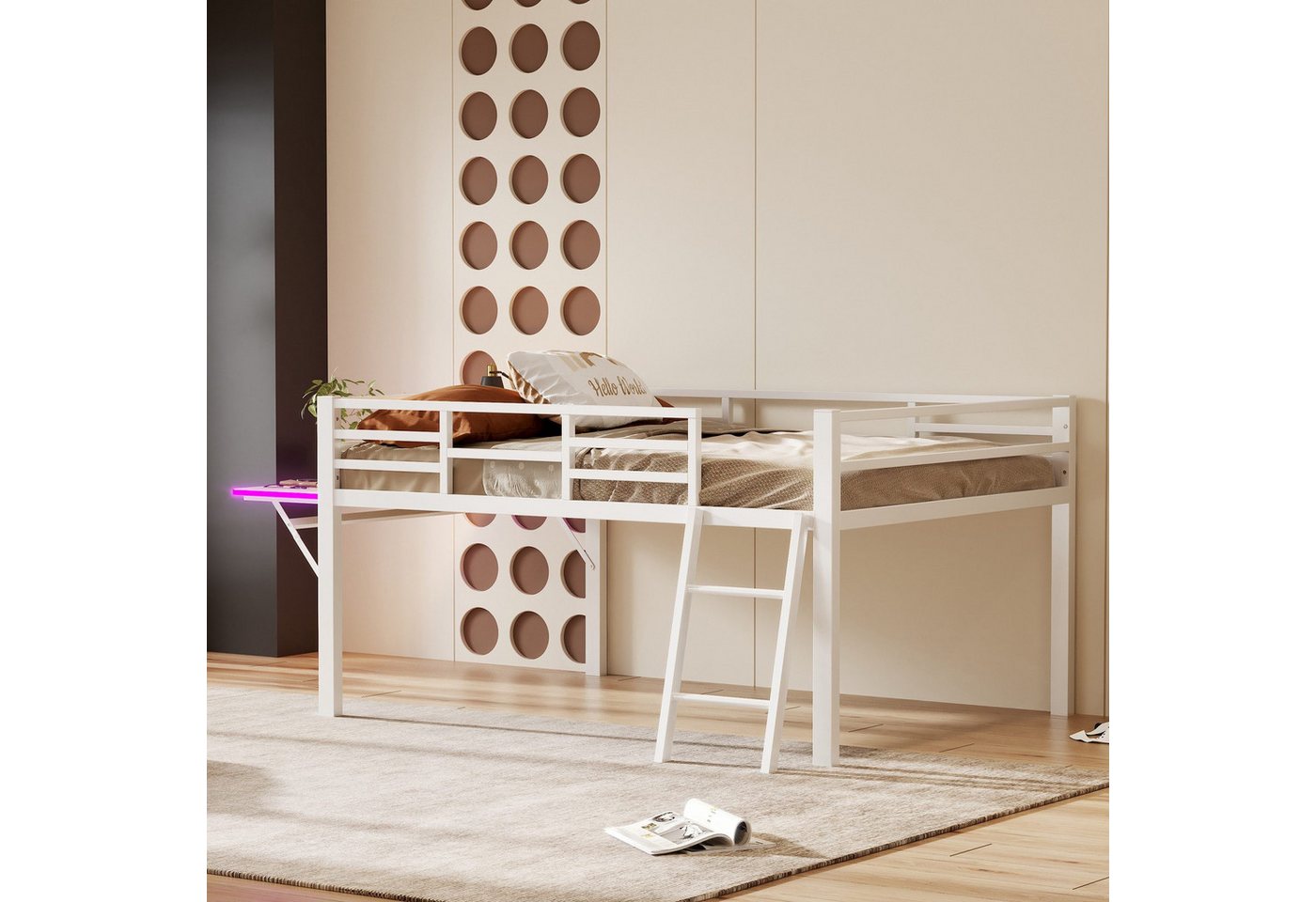 TavilaEcon Metallbett Space-saving Bett mit integriertem Schreibtisch und LED-Beleuchtung (140 x 200 cm), ohne Matratze,Weiß von TavilaEcon