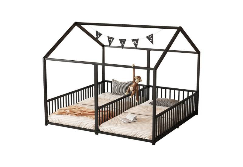 TavilaEcon Metallbett mit Geländer, Leiter und Hausmodellierung, ohne Matratze, 90*200cm, schwarz von TavilaEcon