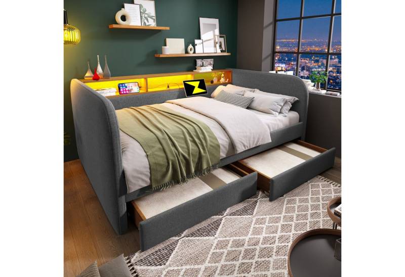 TavilaEcon Daybett mit LED, USB-C und 2 Schubladen und Stauraum-Kopfteil (1 tlg), Vertiefte Latten mit Klettverschluss, grau von TavilaEcon
