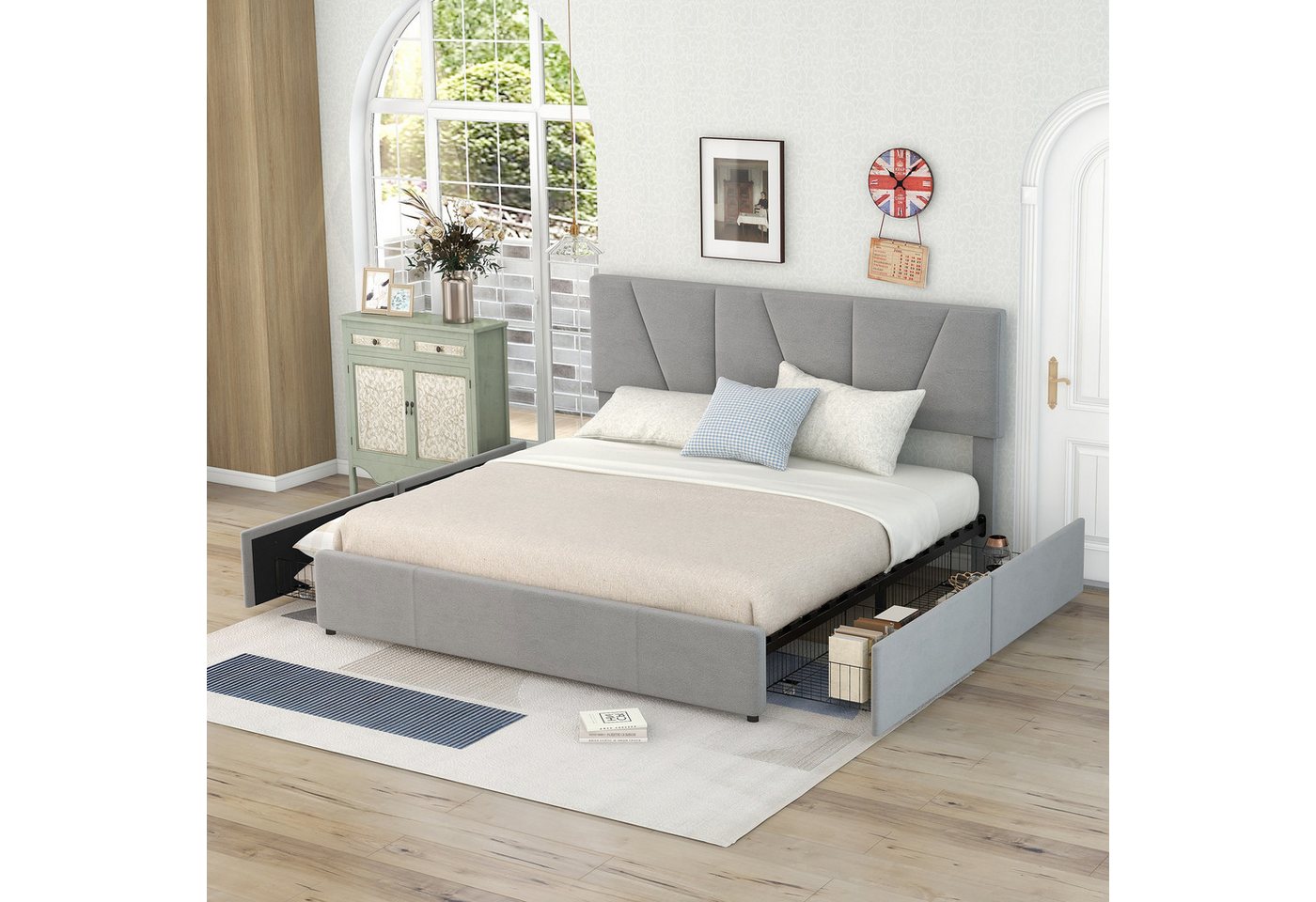 TavilaEcon Polsterbett Doppelbett Jugendbett Plattform Bett mit vier Schubladen (140x200cm), Verstellbares Kopfteil von TavilaEcon