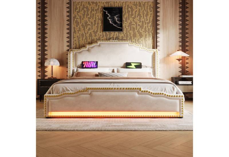 TavilaEcon Polsterbett Doppelbett mit 4 Schubladen, LED-Beleuchtung und USB-C-Ladeanschluss (1-tlg), Samt, Beige, ohne Matratze von TavilaEcon