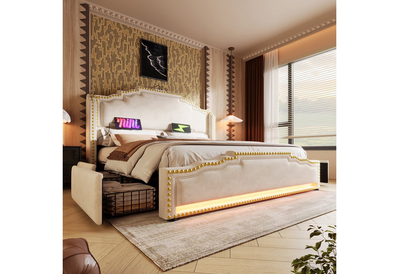 TavilaEcon Polsterbett Doppelbett mit 4 Schubladen, LED-Beleuchtung und USB-C-Ladeanschluss (1-tlg), Samt, Beige, ohne Matratze von TavilaEcon